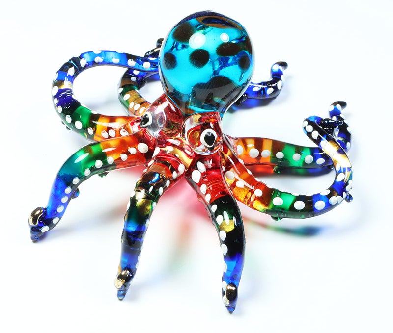 WitnyStore 3" White Dot Multicolor Octopus Artistic Blown Glass Figurine Premium Hand-Blown Statue Tabletop Decoration Unique Collectible for Adult Collectors Handcrafted Elegant Home Room Decor - Image 2